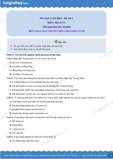 Đề thi học kì 2 Địa lí 11 KNTT - Đề số 1